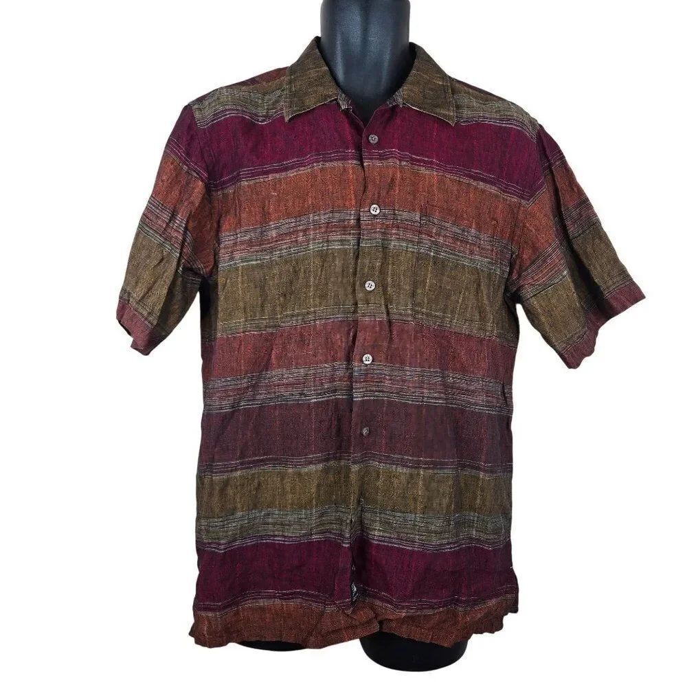 Ike Behar Mens M Multicolor Striped Short Sleeve Button-Down Shirt Linen
